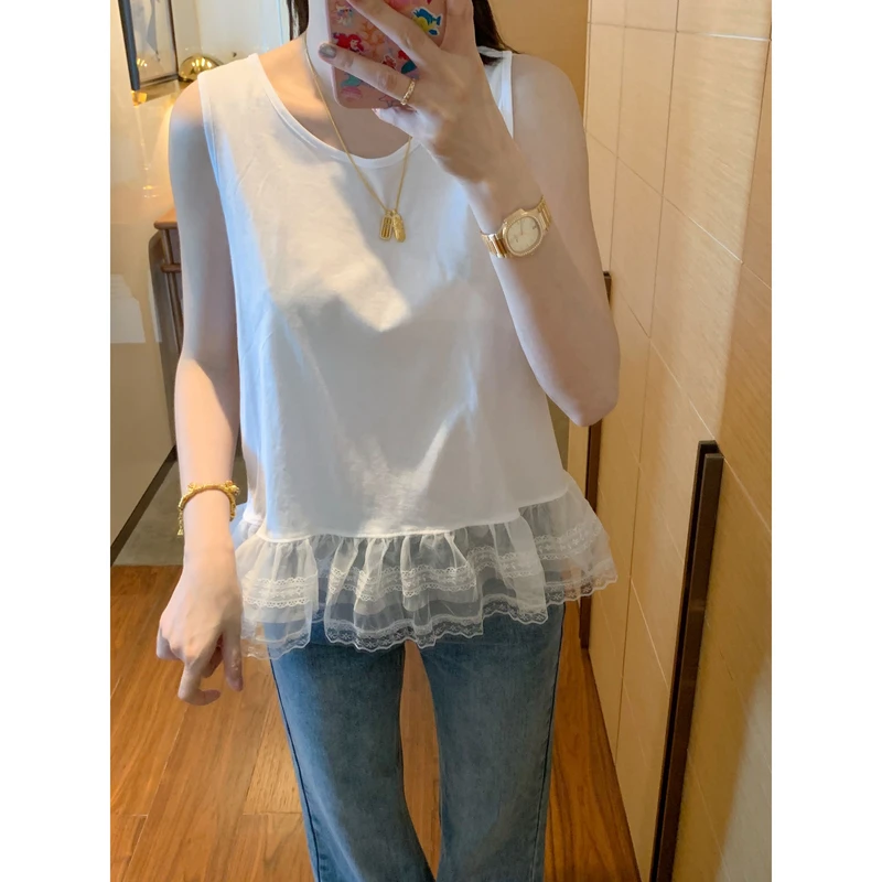 【张静芝】网纱花边拼接白色无袖T恤