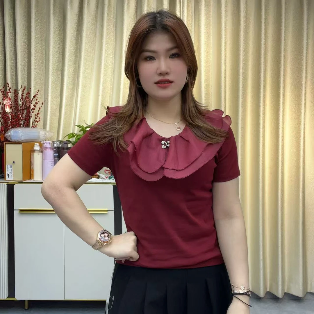 小鑫肝@现货浮力圆领重工花边小装饰气质修身百搭T恤 5823