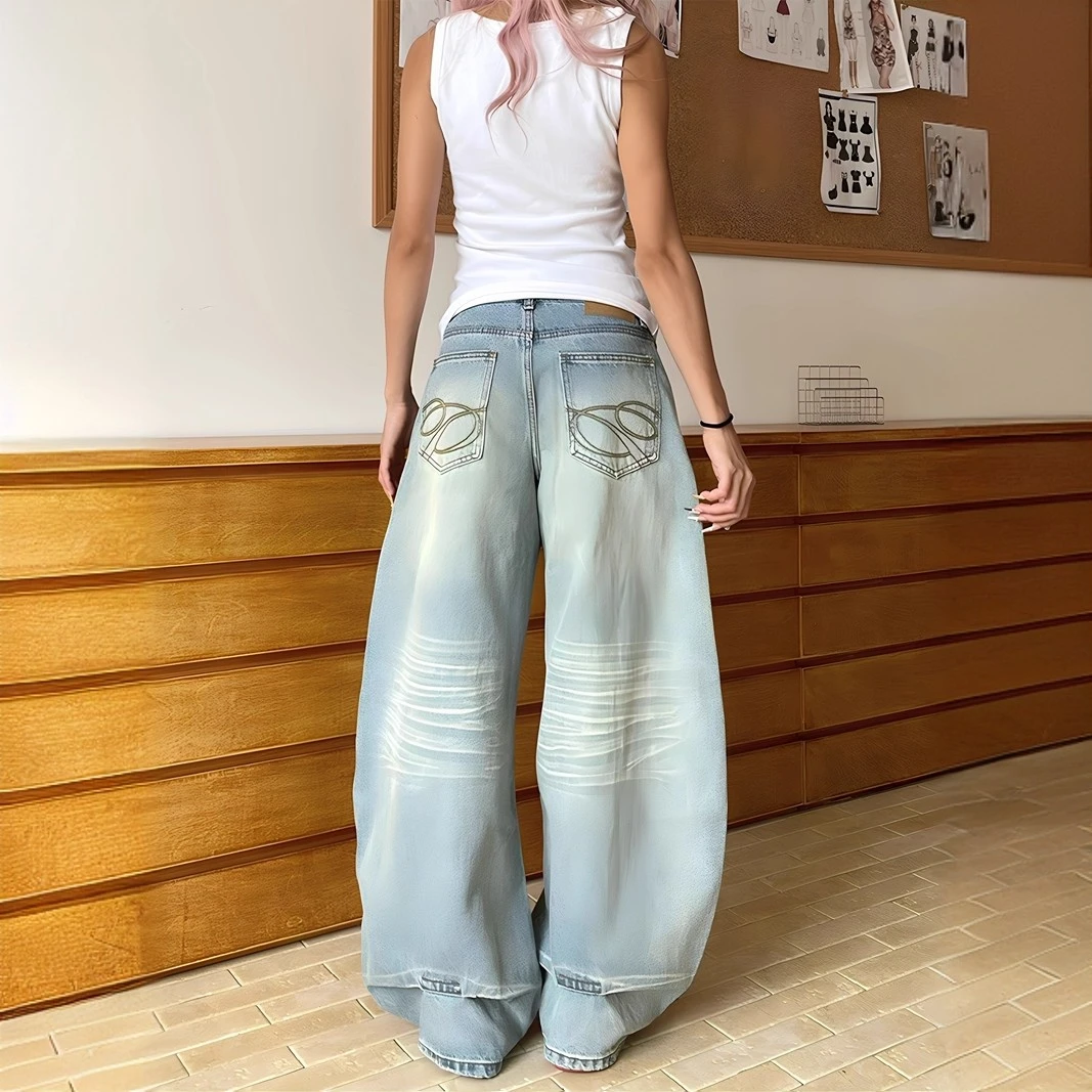 美式复古辣妹弯刀牛仔裤女水洗直筒做旧刺绣宽松显瘦阔腿长裤