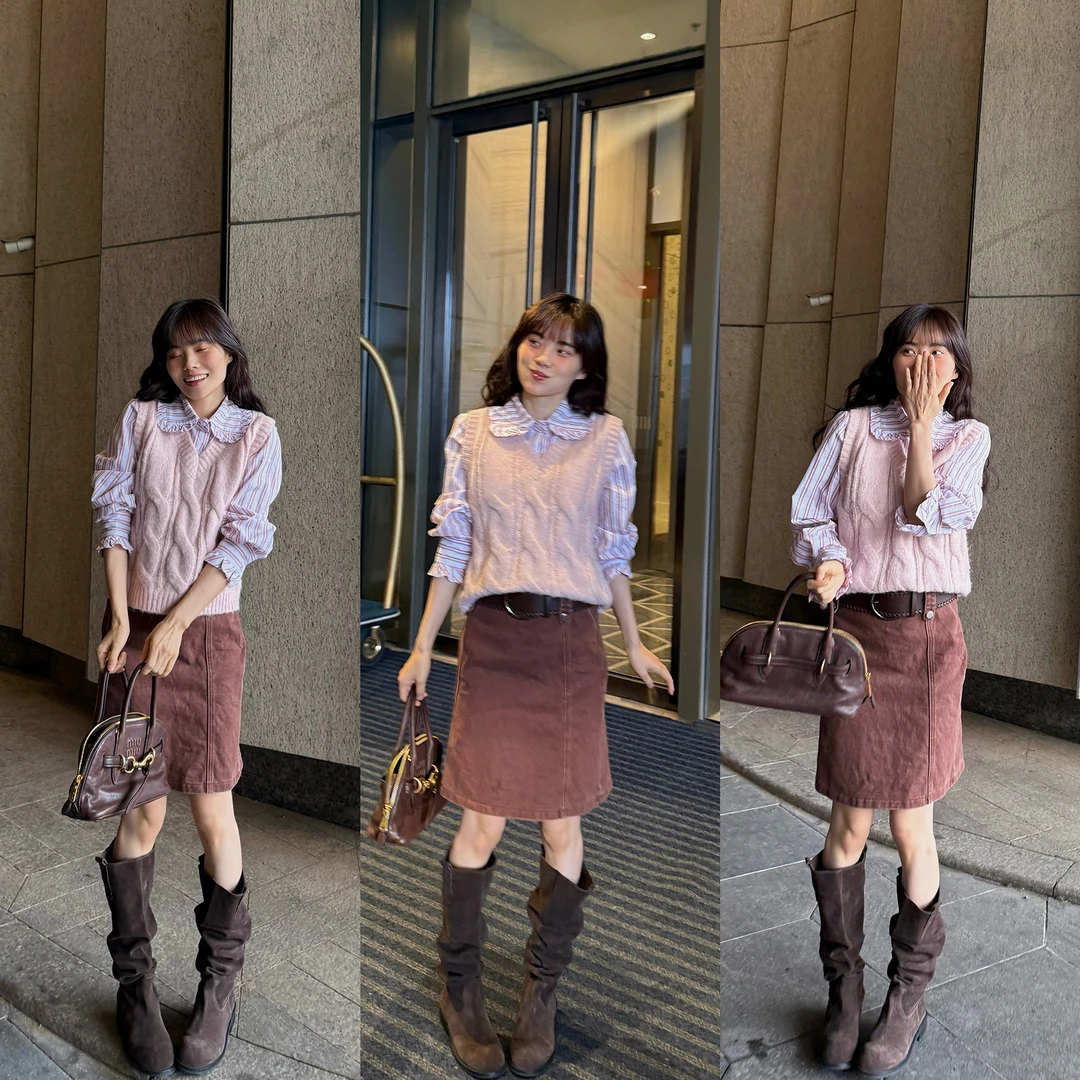 井迪儿【微醺爱意】100%棉复古简约高腰深砖色牛仔包臀半身裙含腰带