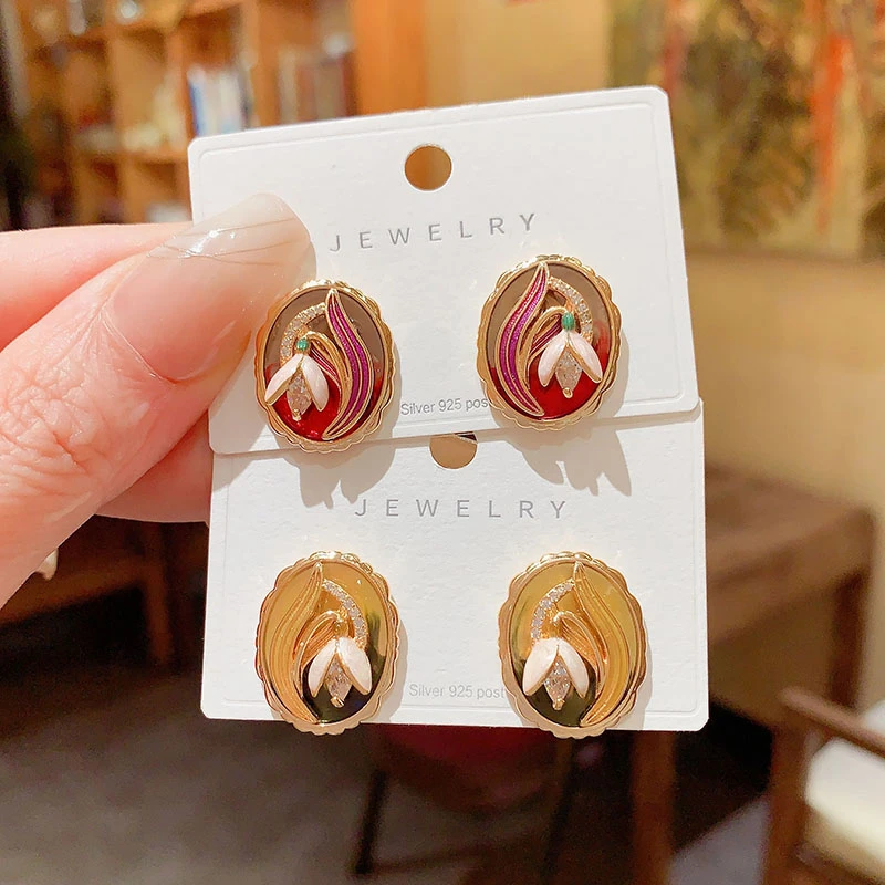 铜合金耳饰 精致甜美椭圆多彩花朵耳钉小众设计感气质网红耳环