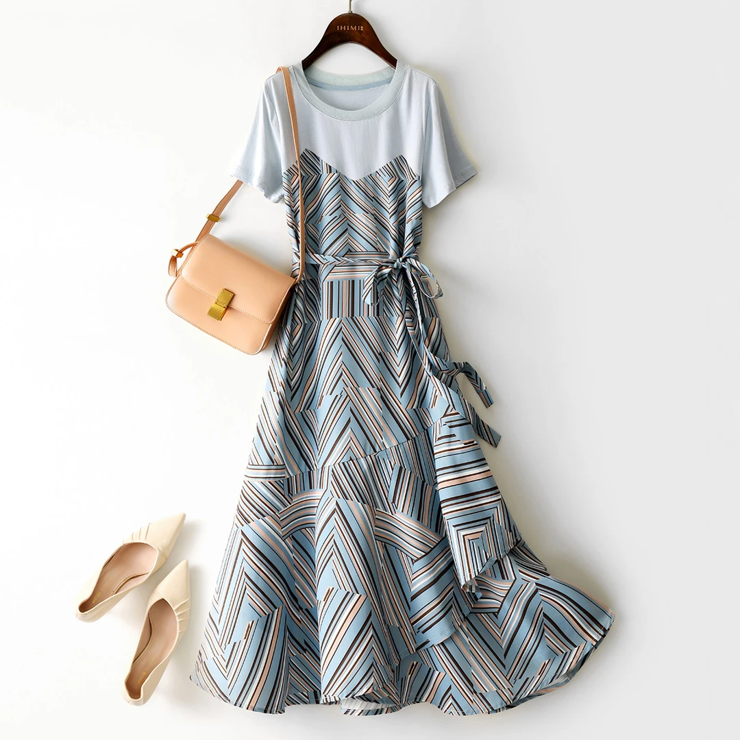 IHIMI/海谧条纹拼接裙子25夏季宽松收腰下摆荷叶边设计连衣裙6041