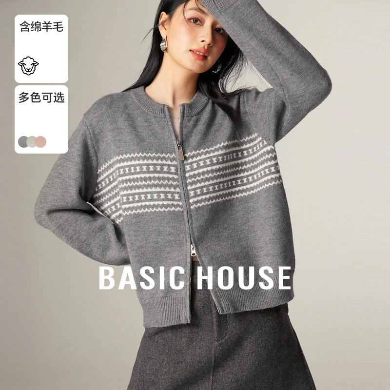 Basic House/百家好圆领拼色提花毛衣女秋冬双拉链设计感开衫外套