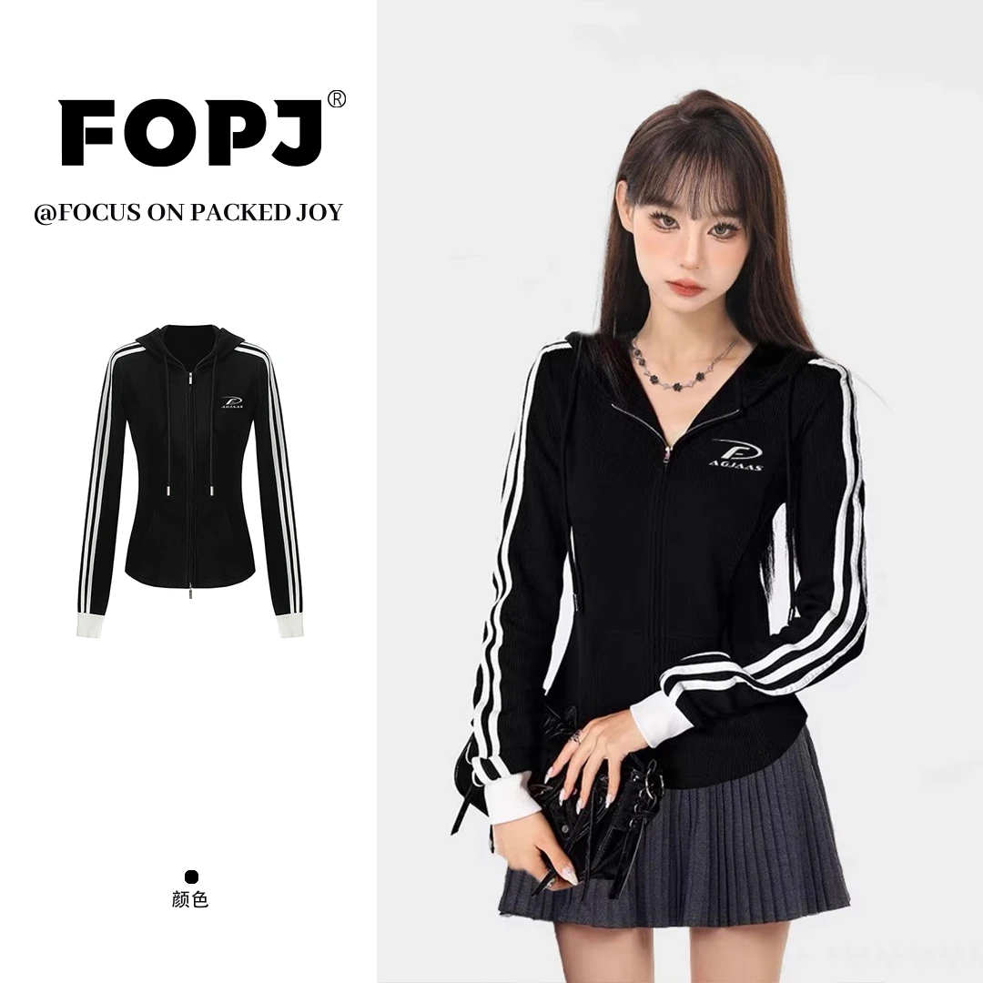 FOPJ刺绣款修身显瘦拼接条纹开衫连帽卫衣女设计感纯欲风外套上衣