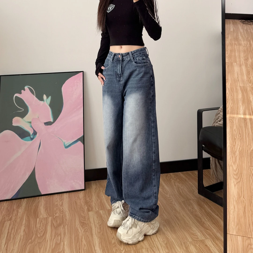 2025春季新款复古蓝色水洗牛仔裤百搭显瘦时尚休闲拖地裤5015