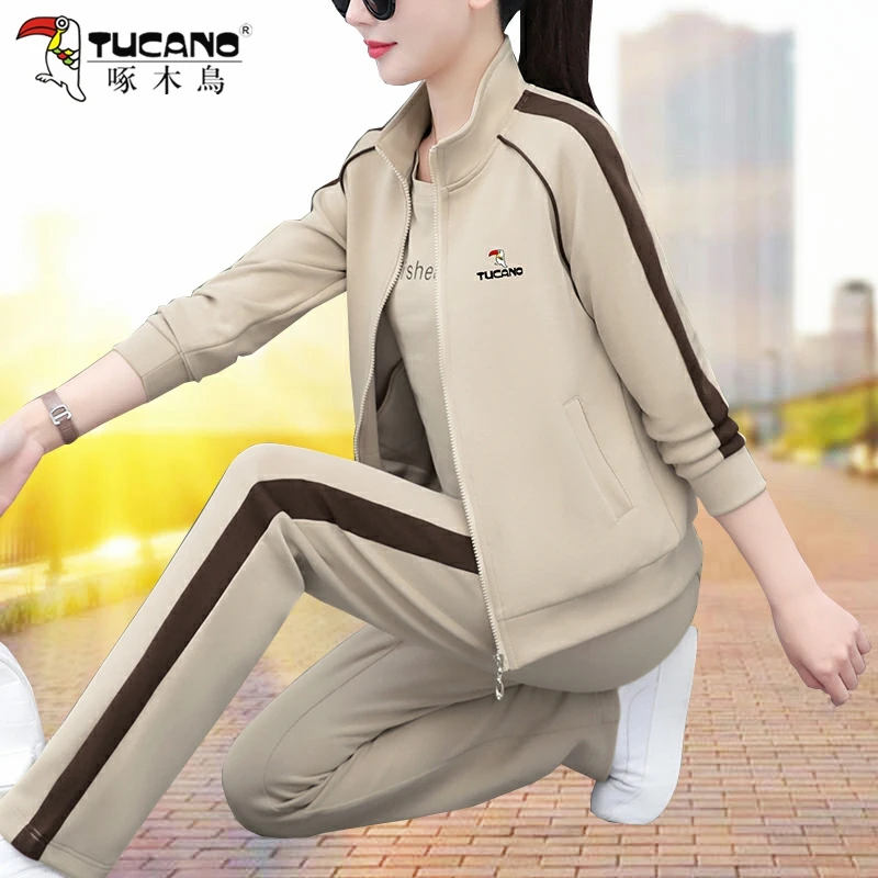 啄木鸟秋季运动套装女2025年新款春秋休闲中年妈妈开衫卫衣三件套