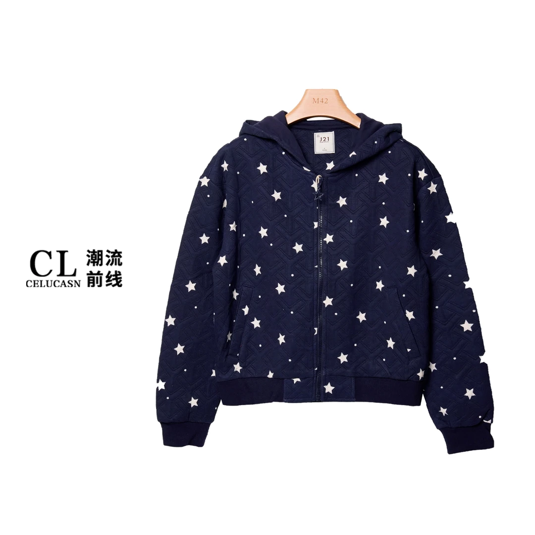 J5RBZ190#秋冬新款宽松休闲连帽卫衣女美式满印星星拉链开衫外套