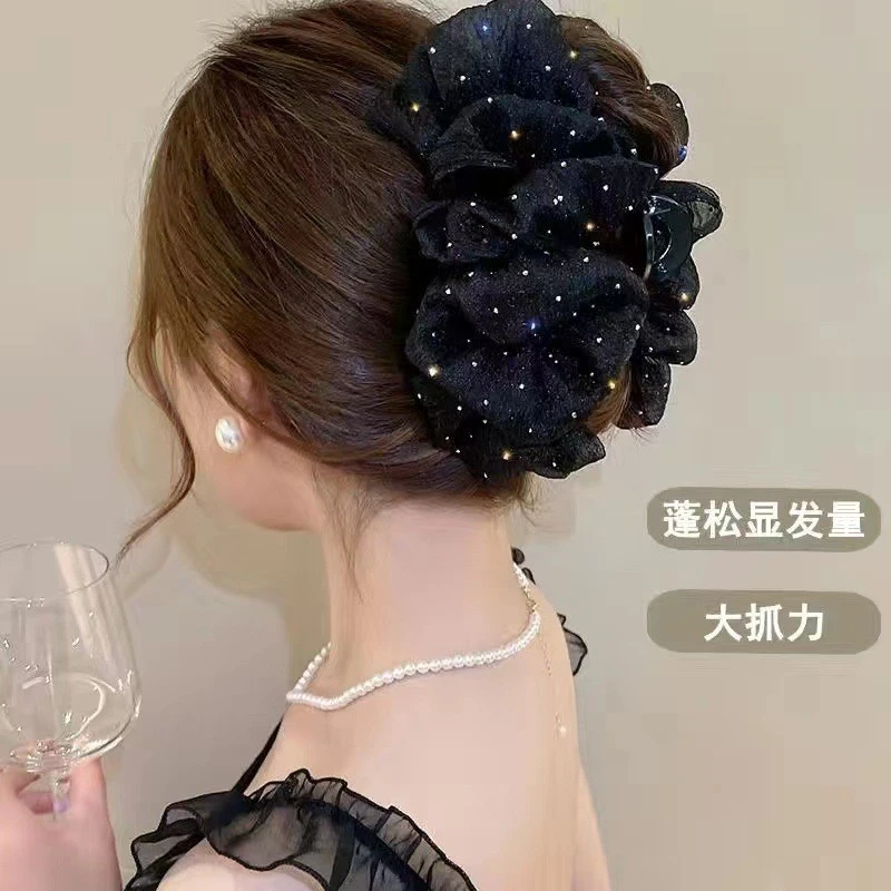 双面网纱云朵泡泡抓夹女在逃公主头蝴蝶结发夹后脑蝴蝶结珍珠抓夹