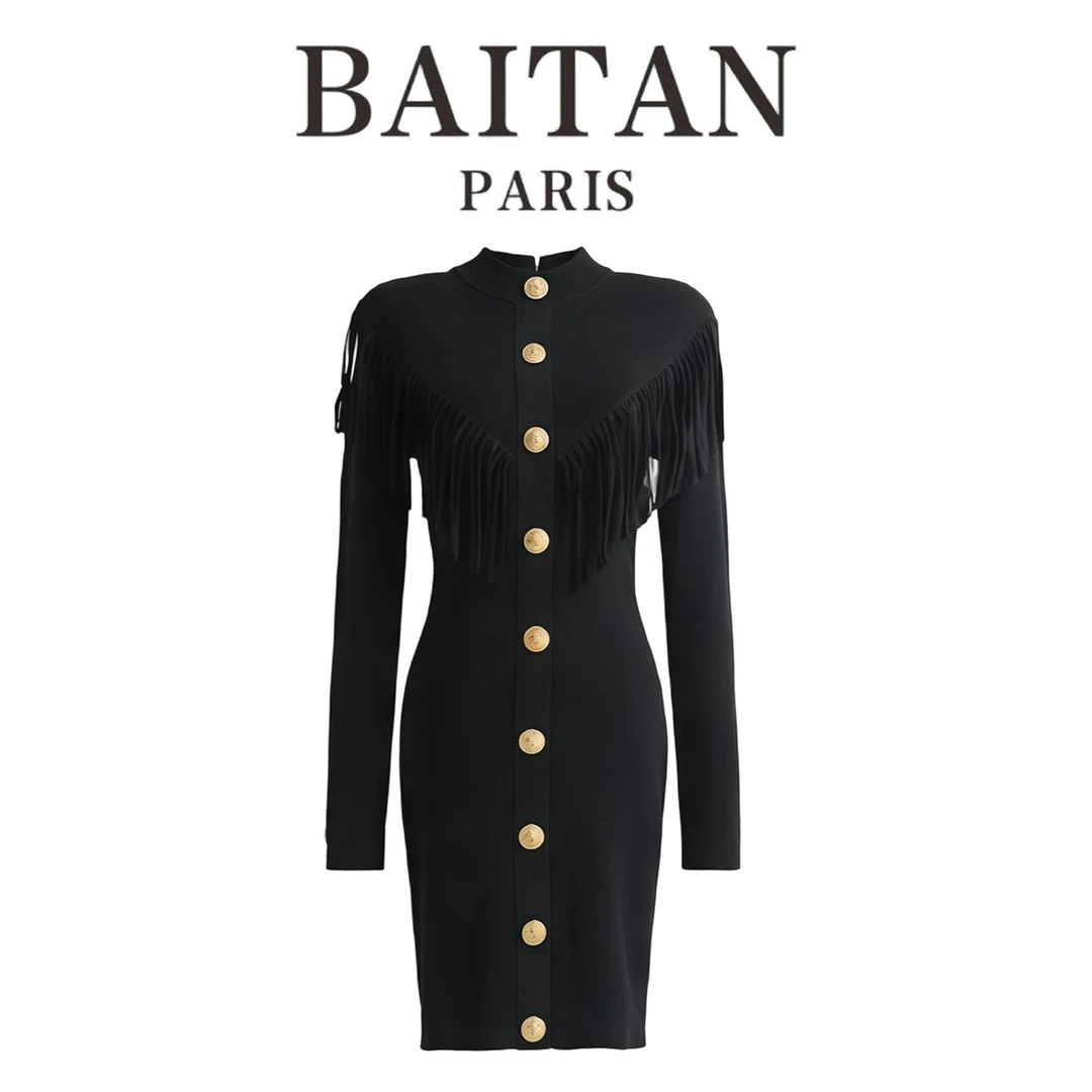 秋冬新款流苏气质风明星同款收腰轻奢高级修身显连衣裙时尚长袖