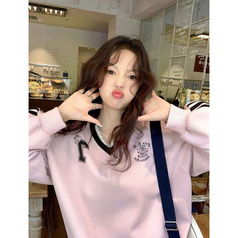 美式含棉印花领长袖卫衣女装早秋灰色独特蕾丝拼接宽松休闲上衣