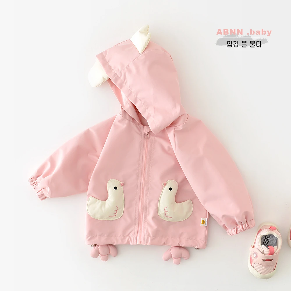 abnn女童春款连帽外套婴幼童拉链开衫卡通小鸟外出夹克