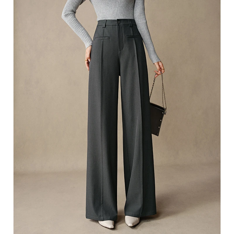 2025年秋新款休闲通勤裤子半松紧高腰窄版阔腿裤女25071105