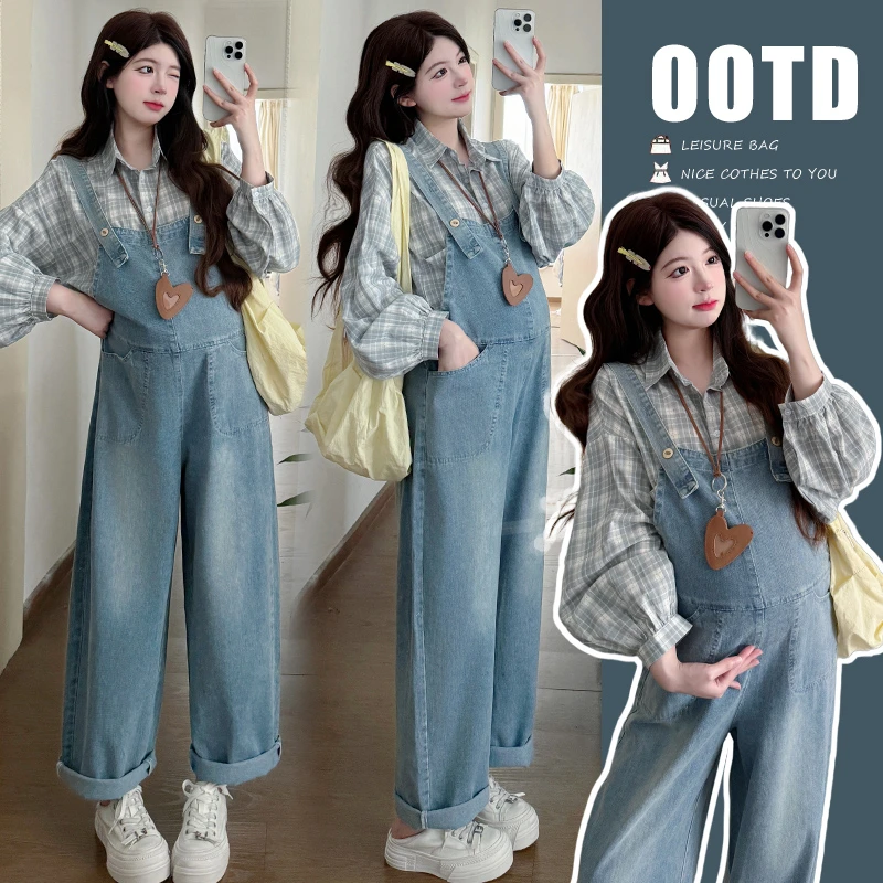 孕妇装女2025新款爆款洋气秋装牛仔背带裤套装简约格子衬衫两件套