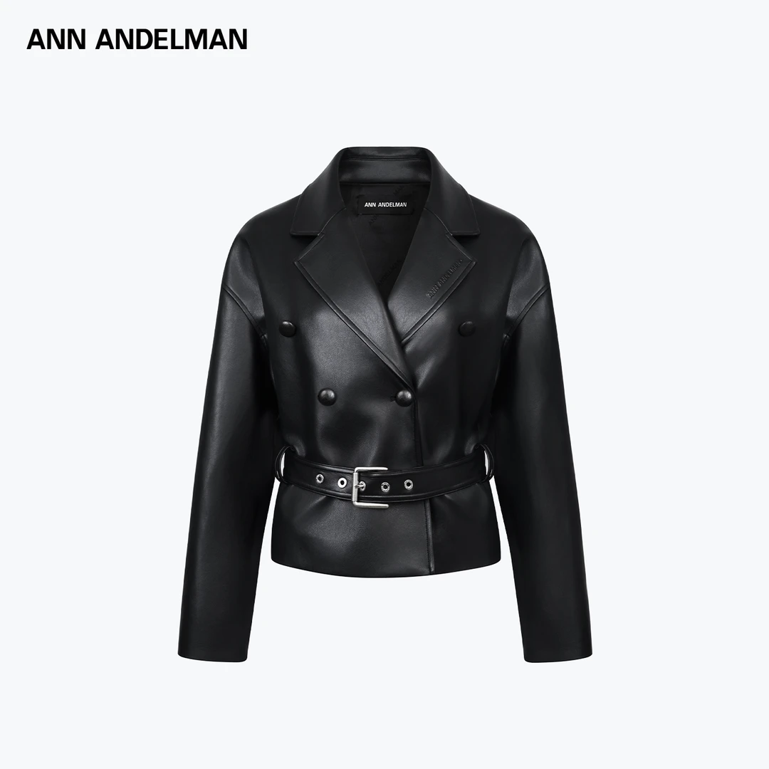 ANN ANDELMAN黑色皮衣女秋冬酷飒风机车双排扣短款绑带皮夹克外套