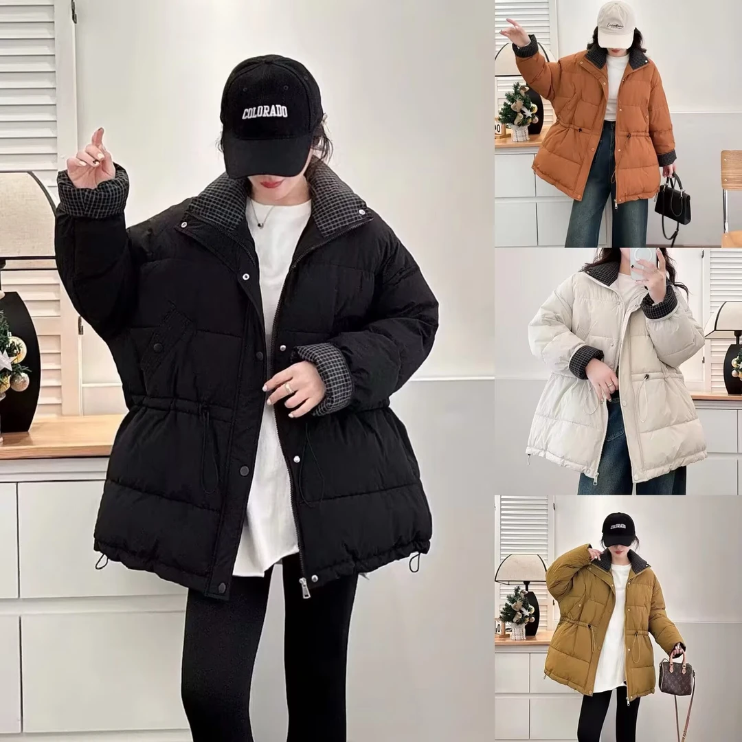 大码女装冬季胖mm时尚宽松显瘦撞色格子拼接翻领棉衣加厚棉服9758