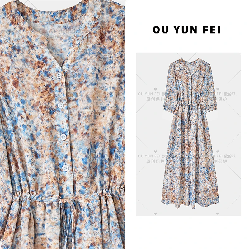 【贵气碎花】V领连衣裙显瘦长款夏季印花时尚宽松H型裙气质HZ1078