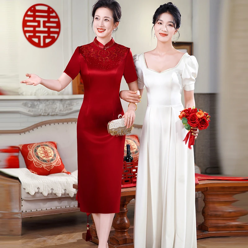 酒红色2025新款高端轻奢高级感旗袍礼服年轻高贵国庆喜婆婆婚宴装