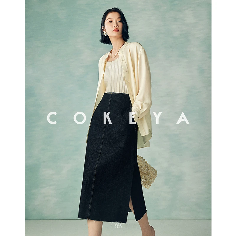 COKEYA/优雅花瓶型~莱赛尔环保水直筒显瘦毛边开叉直筒牛仔半裙
