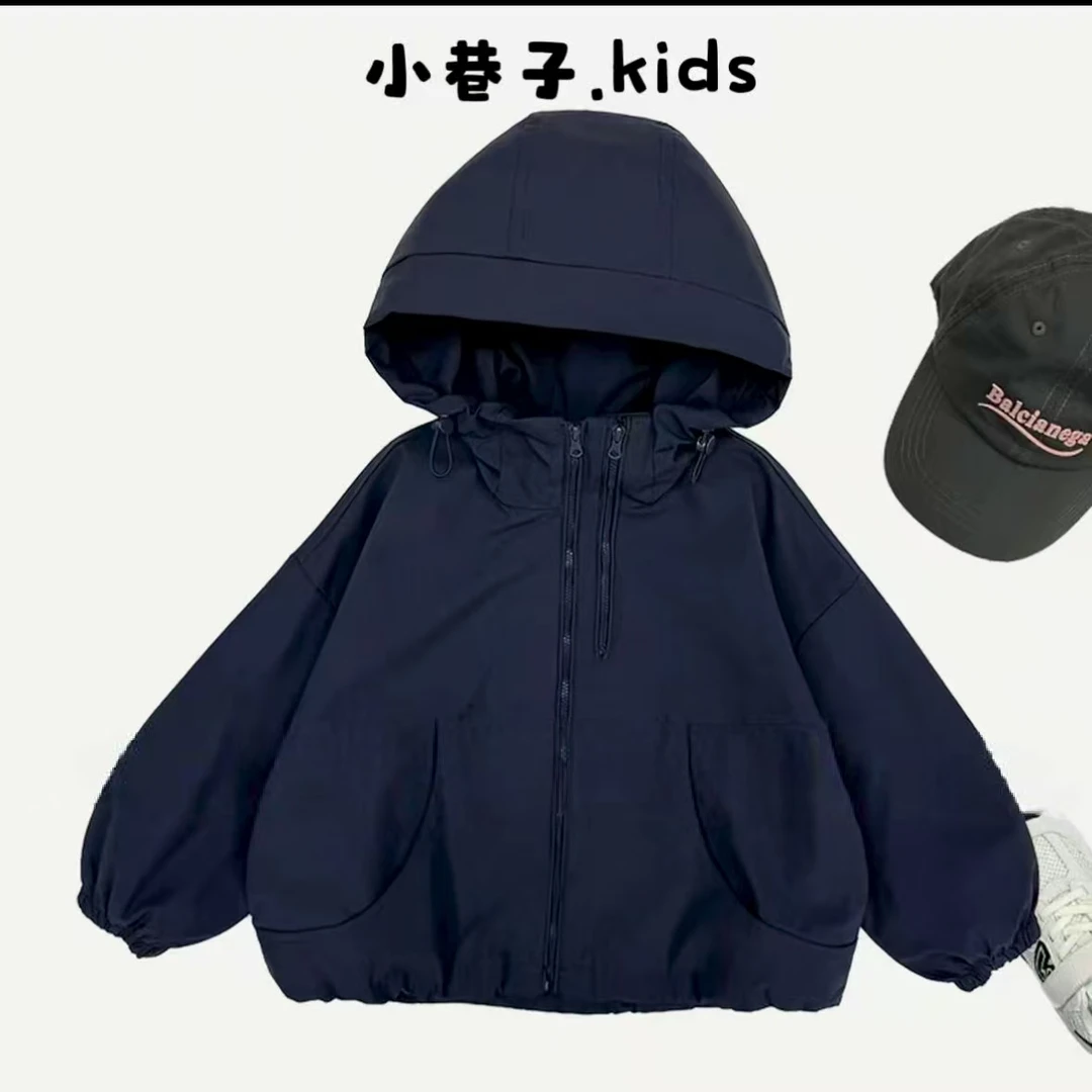 【小巷子】男童秋季韩版冲锋衣宽松工装风纯色连帽外套