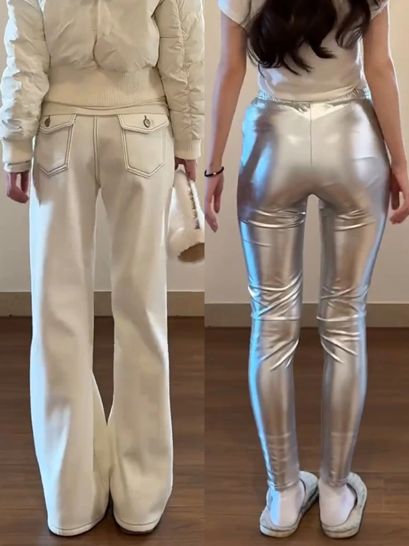 白色加绒微喇裤女2025秋冬新款胖mm梨型粗腿宽胯不贴腿直筒牛仔裤