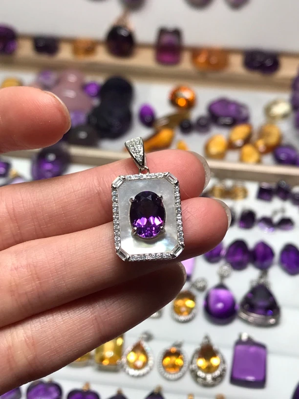 天然紫水晶吊坠s925银托