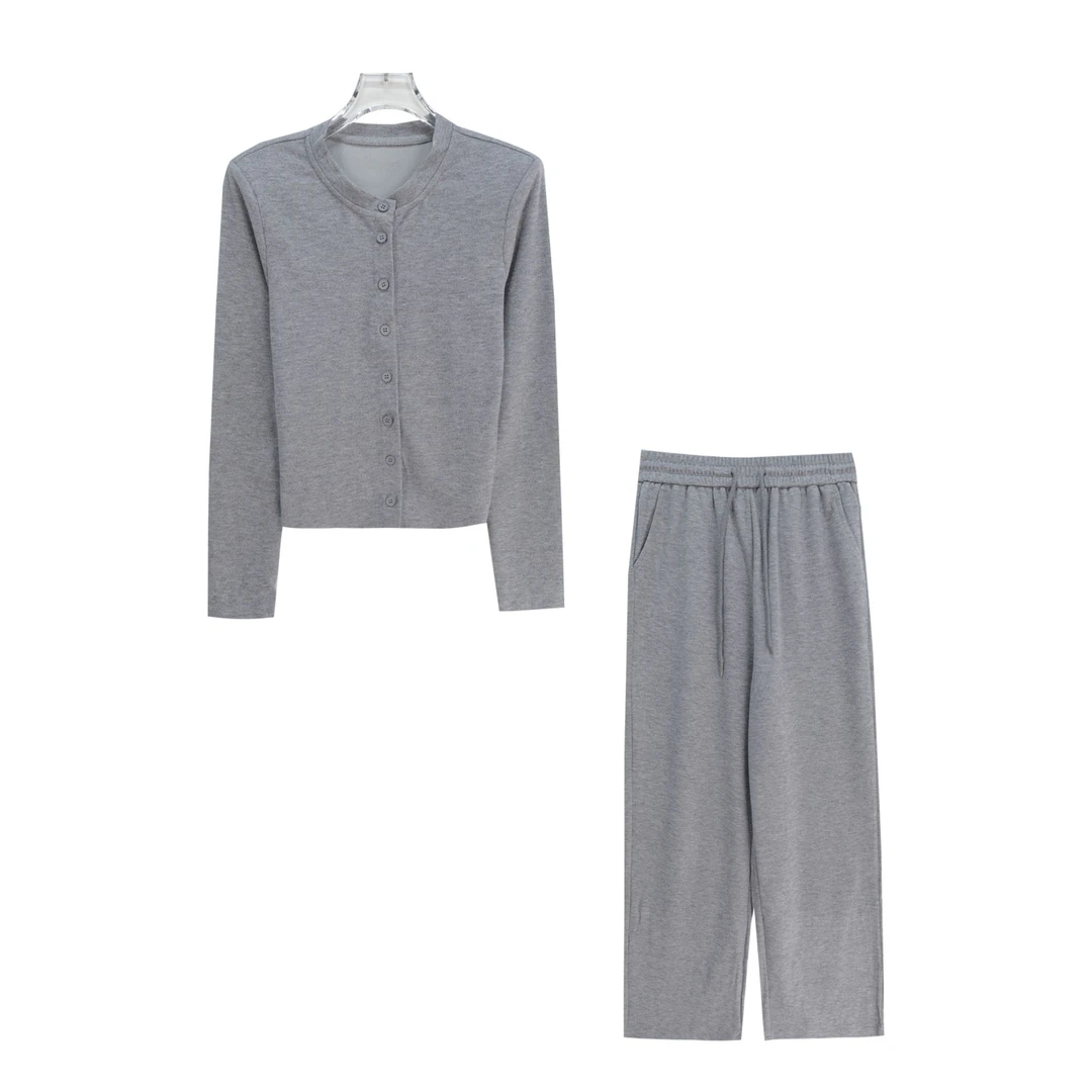 简约纯色圆领单排扣开衫抽绳阔腿裤套装S2594