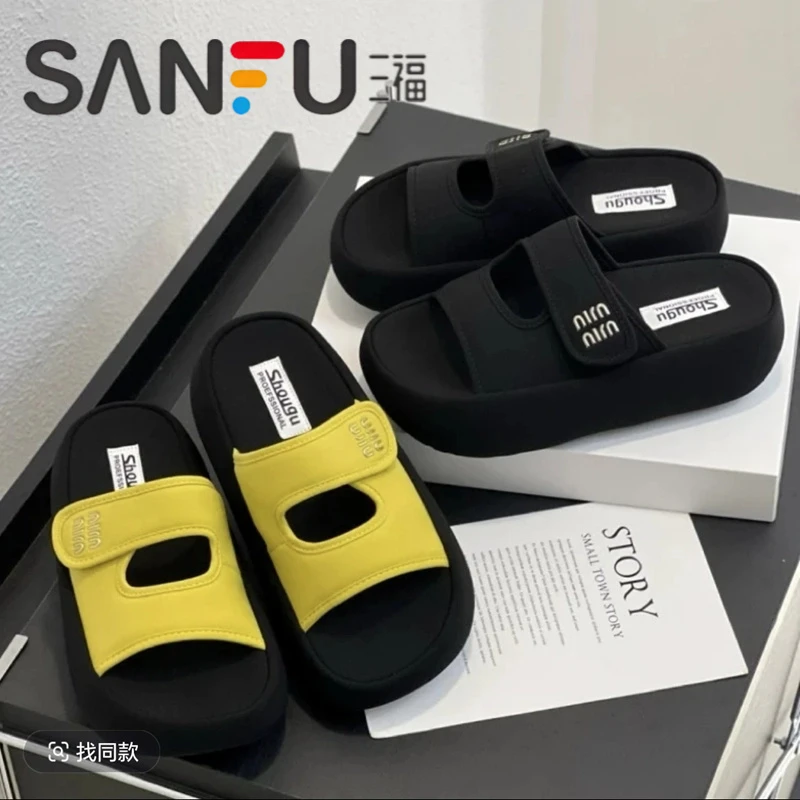 三福真皮夏软底软面厚底一字拖女2025新款时尚百搭网红外穿配裙子