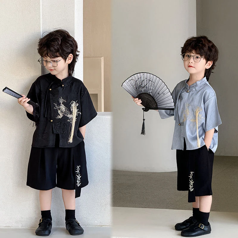 男童洋气套装夏装2025夏季新款立领麒麟绣花上衣潮范中式儿童国风