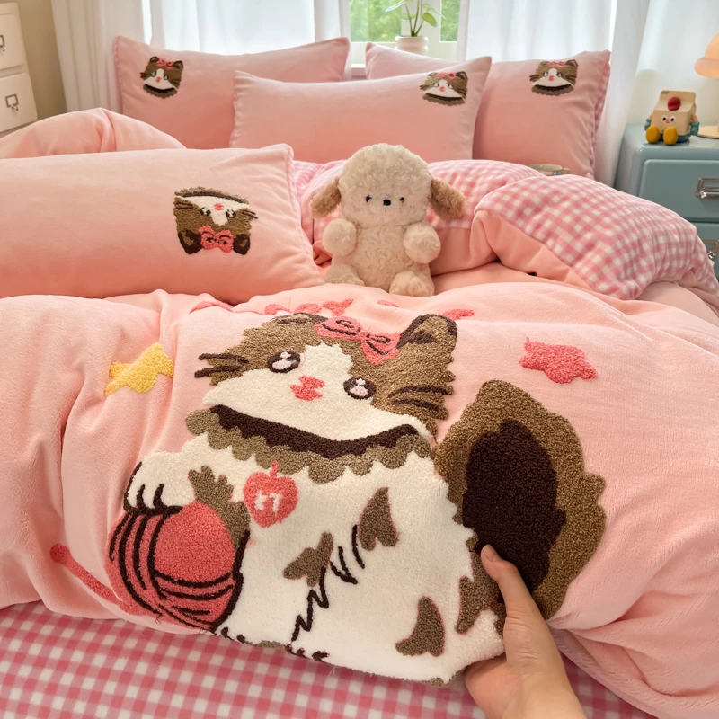 双面可用高克重保暖牛奶绒四件套秋冬季加厚双面绒被套床单三件套