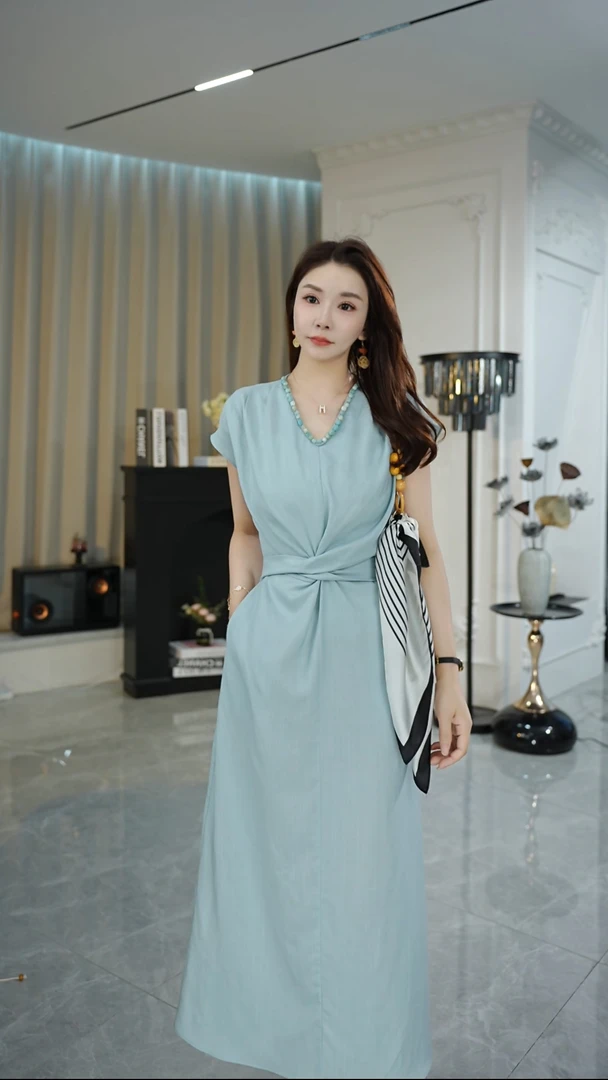 DYT HOME轻奢气质时尚长款法式夏季显瘦不规则收腰纯色V领连衣裙