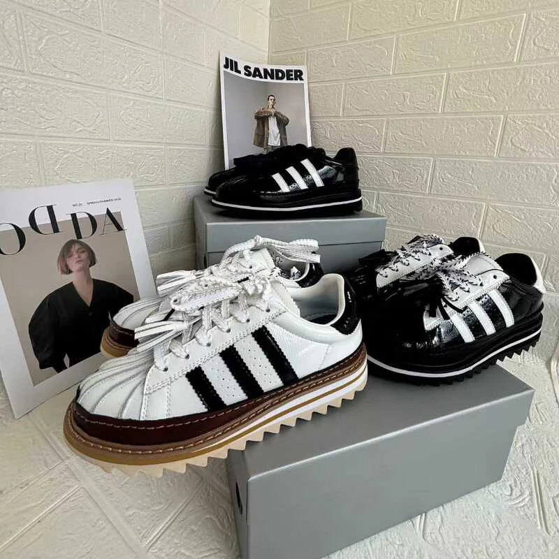 冠希联名鞋贝壳头小白鞋男女夏季新款厚底休闲百搭三杠板鞋小牛皮