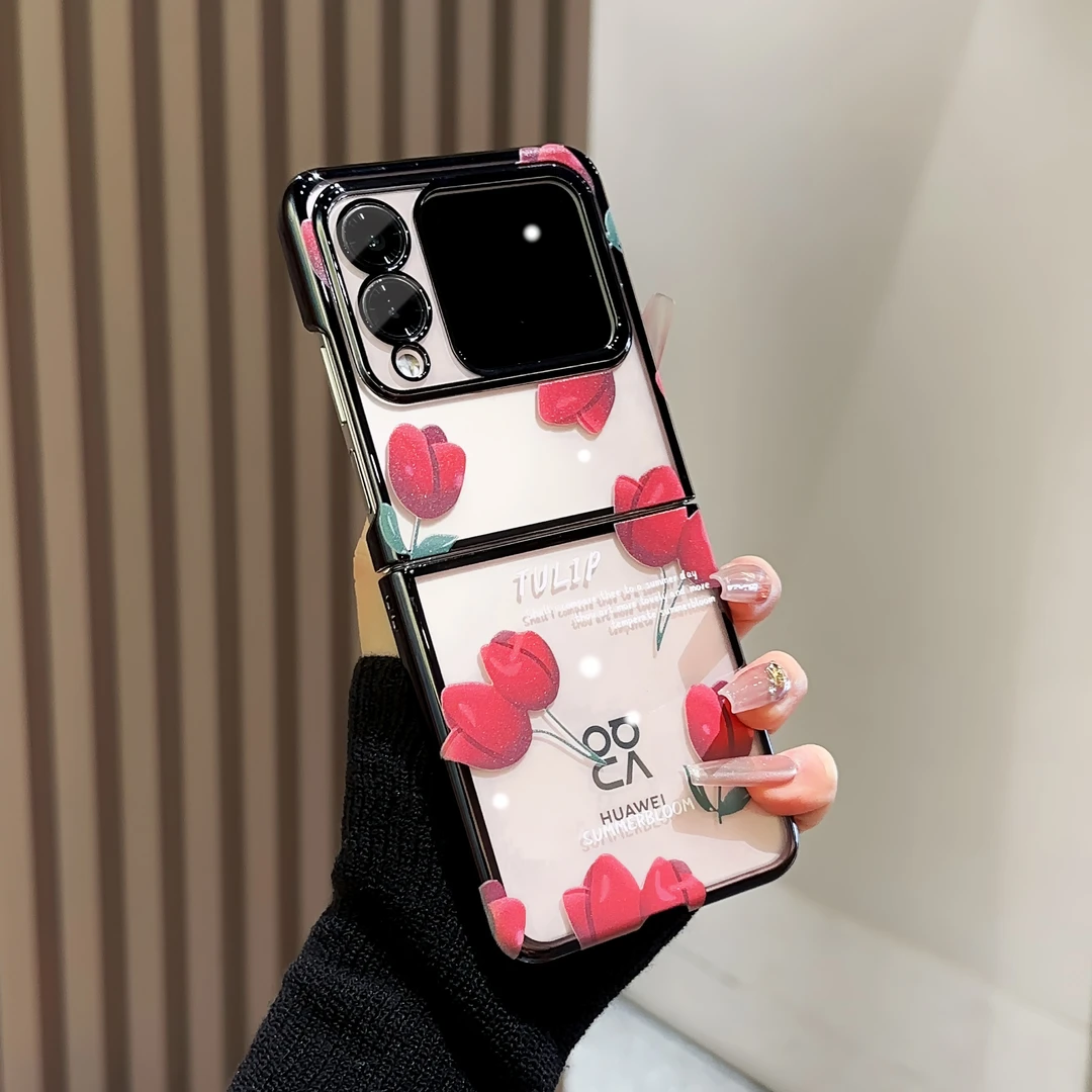 适用华为NOVAFLIP玫瑰花瓣电镀透明支架折叠防摔全包手机壳