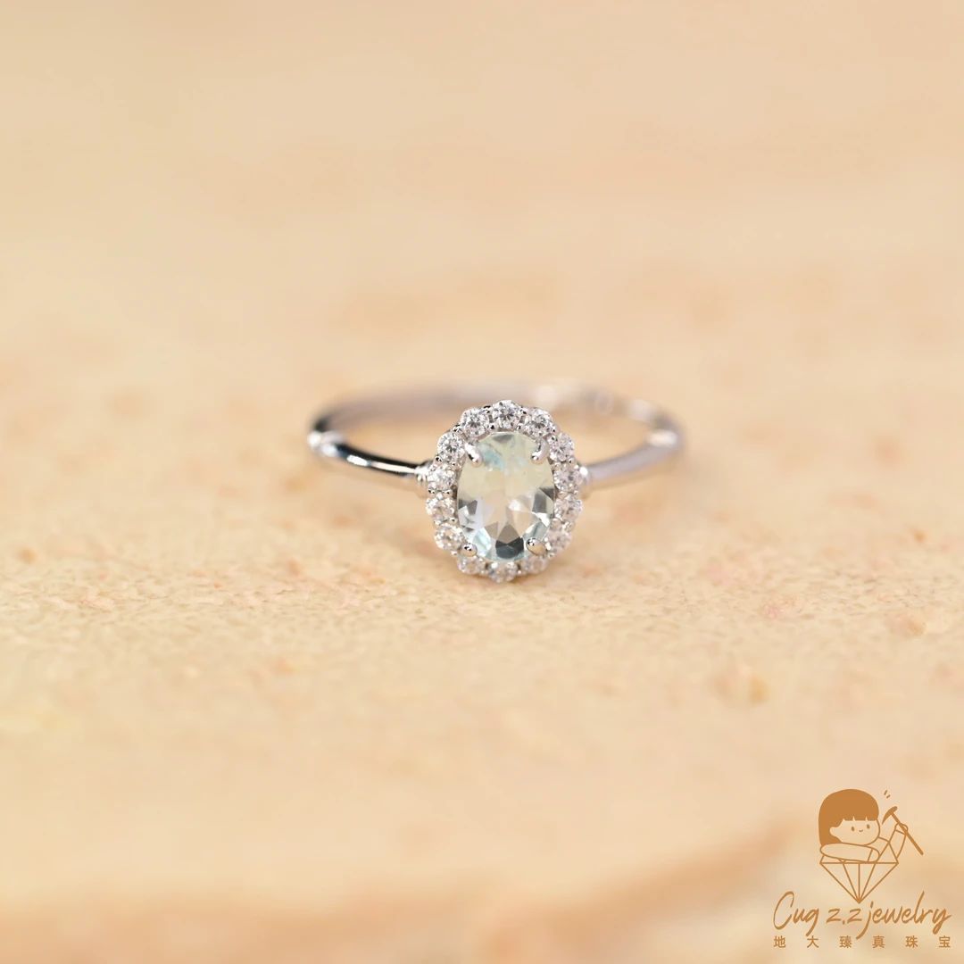 天然海蓝宝石戒指原矿海蓝宝温柔轻奢珠宝礼物925银