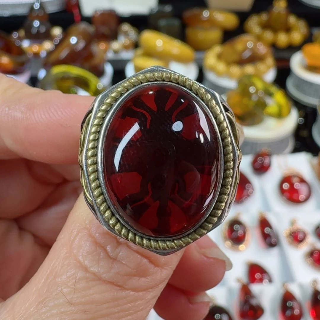 琥珀裸石银S925镶嵌天然缅甸血珀戒指