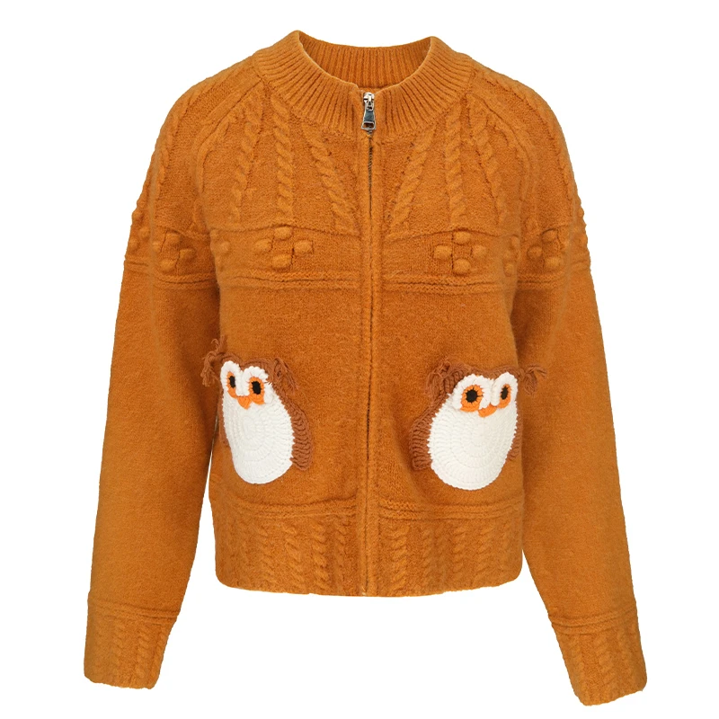 JUNGLE ME秋冬减龄显白猫头鹰钩花毛衣开衫复古针织外套宽松休闲