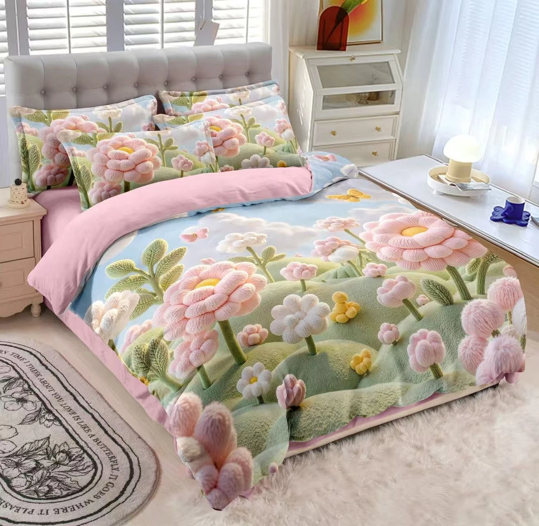 若及冬季清新毛绒5D立体数码印花加厚双面保暖牛奶绒被套四件套