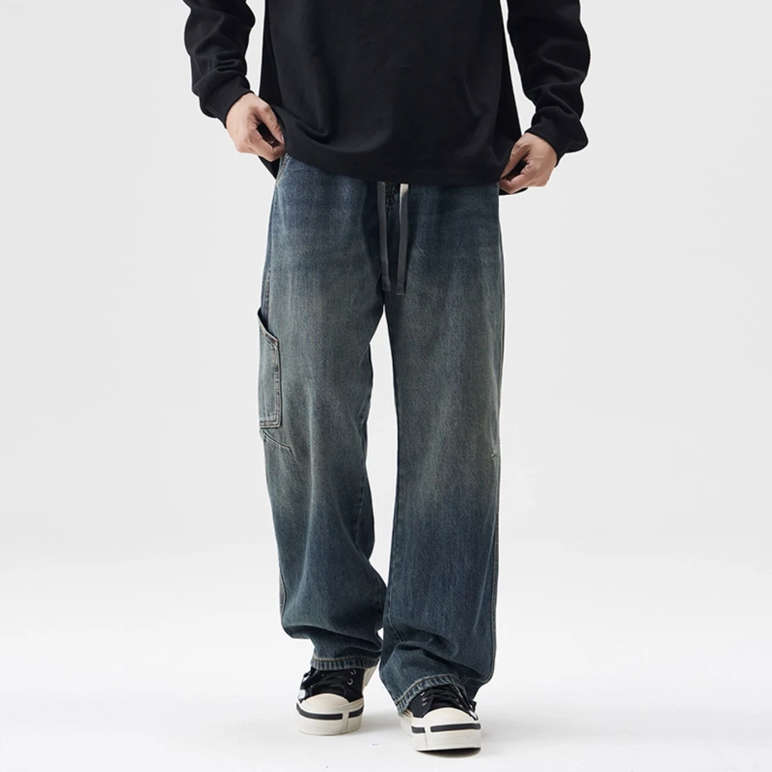 美式高街复古水洗牛仔裤男士秋冬新款潮牌宽松阔腿直筒裤加绒长裤