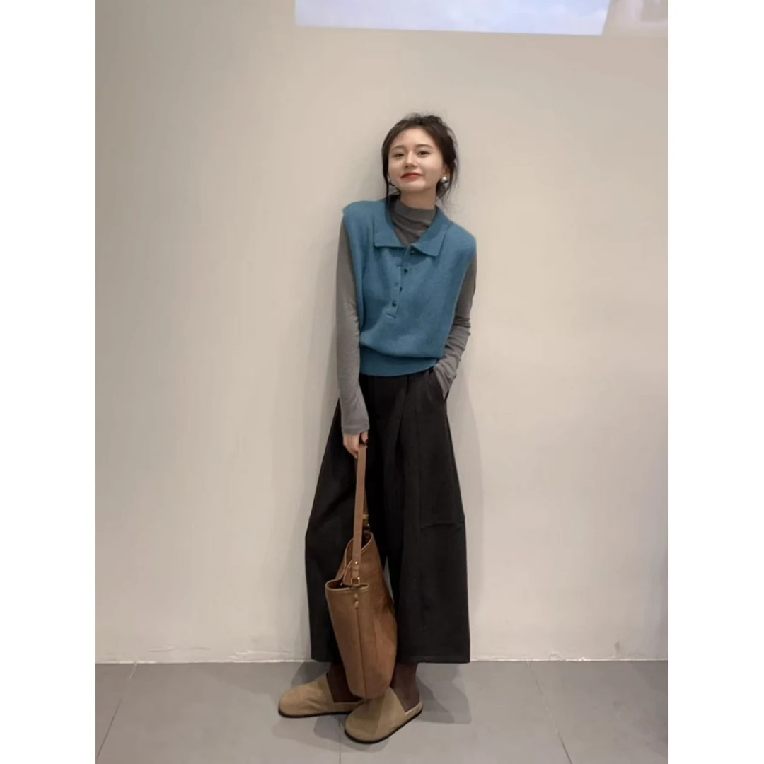 2025秋季新款韩系POLO领无袖坎针织马甲叠穿打底衫休闲裤三件套装