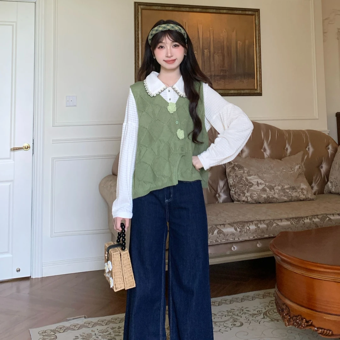 【两件套】小清新宽松衬衫搭配针织马甲两件套女2025秋季新款套装