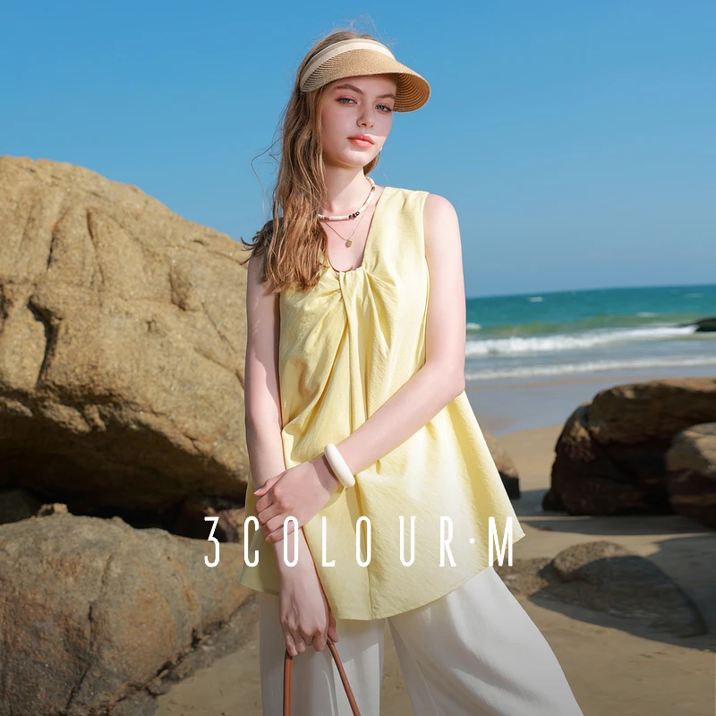 三彩2025夏季新款扭结小衫V领设计感无袖上衣宽松小清新M