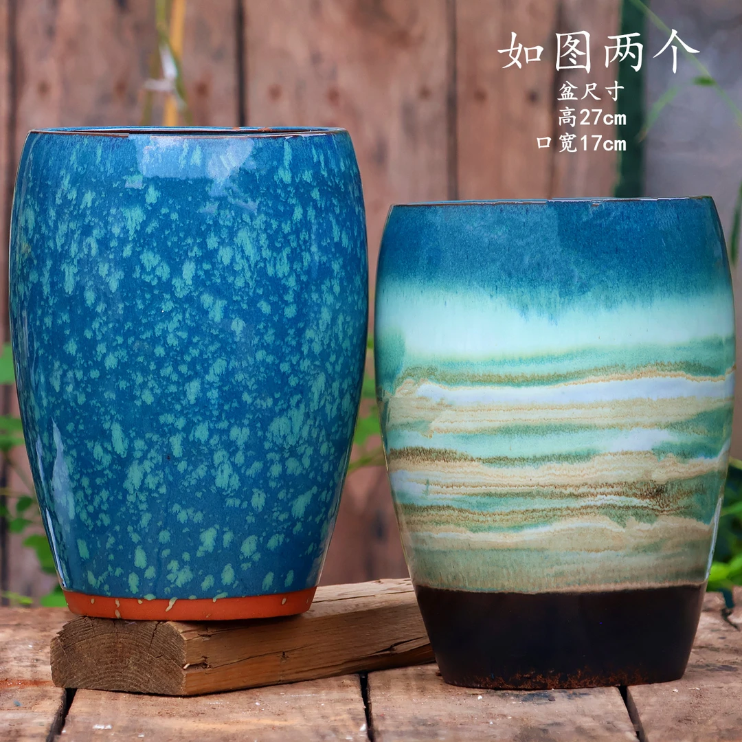 山水蛋壳三角梅高桩盆透气粗陶多肉花盆中国风山水画老桩绿植盆栽