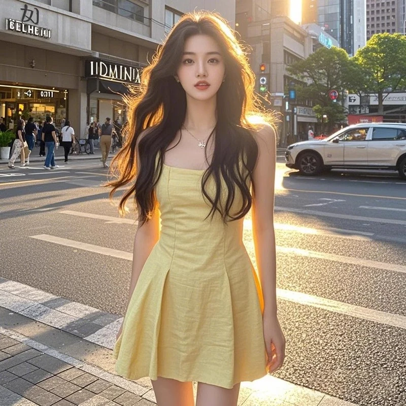 黄色吊带气质辣妹a字连衣裙2025夏季新款2025高级感时尚小众设计