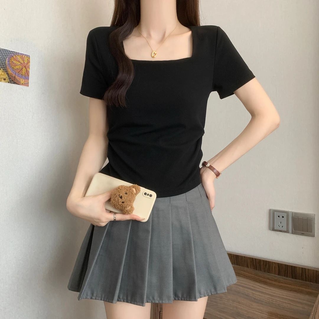 yoewshean/羽媗夏季微胖mm大码女装纯欲方领短袖t恤宽松遮肚显瘦