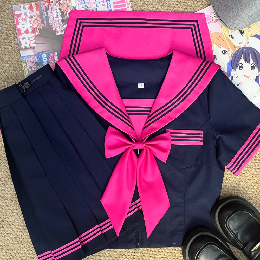 知半城正品基础款JK制服原创玫红三本收腰校供水手服班服短袖套装