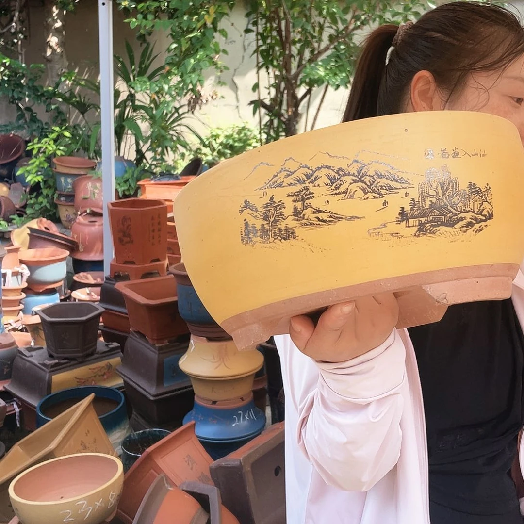 黄色江山如画中号花盆紫砂花盆
