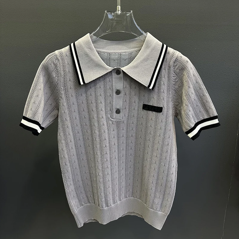 夏季miu系韩风百搭显瘦翻领POLO领短袖薄款针织衫上衣女2025年026