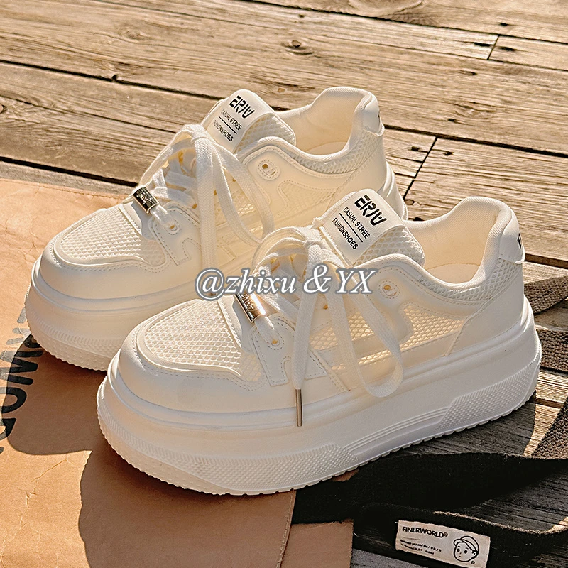 原创小众小白鞋女2025夏季新款厚底透气网面帆布鞋休闲运动板鞋