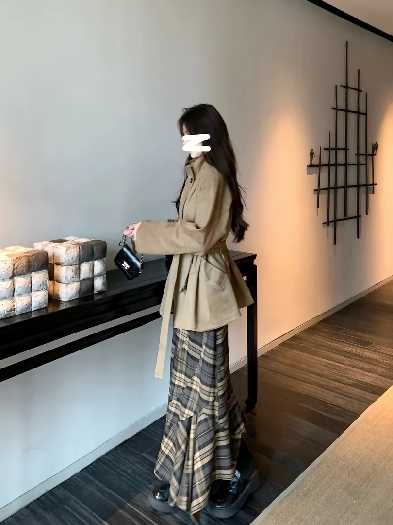 蔓蔓  法式复古立领风衣外套高级感宽松休闲麂皮绒大衣6696