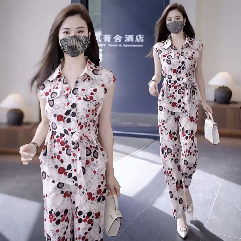 夏季显瘦气质短袖阔腿裤休闲两件套时尚减龄洋气女装套装