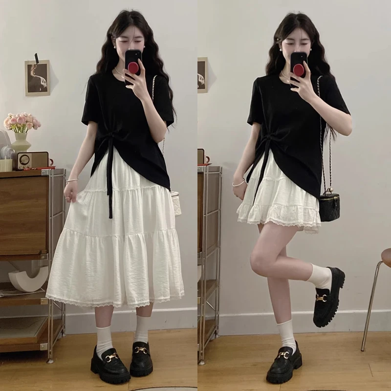 YF时尚套装裙夏季新款宽松蝴蝶结系带T恤+花边蛋糕裙两件套装2293